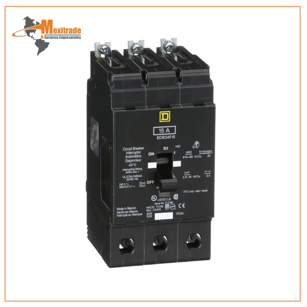 Interruptor mini atornillable marco E Square D de 3 Polos, 15A, 480Y/277 VCA y 18/25kA 