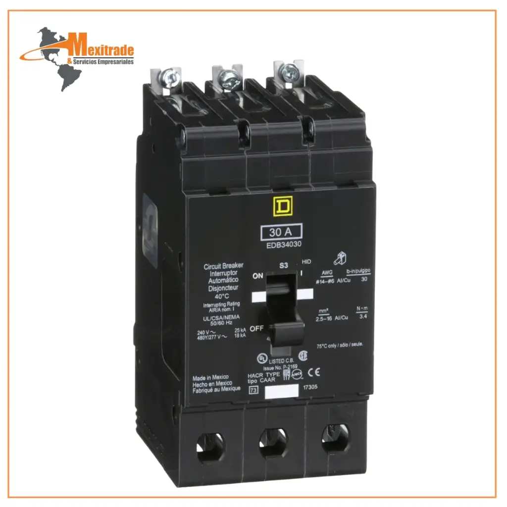 Interruptor mini atornillable marco E Square D de 3 Polos, 30A, 480Y/277 VCA y 18/25kA