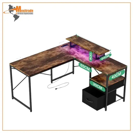 [576272] Escritorio Minimalista Gamer en L con Regleta, Tira LED, Cajones y Soporte para Monitor – Color Retro